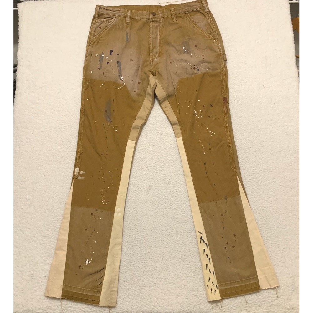 MNML B241 Flared Carpenter Pants Mens 37x34 Paint Splatter Canvas Button Fly Tan